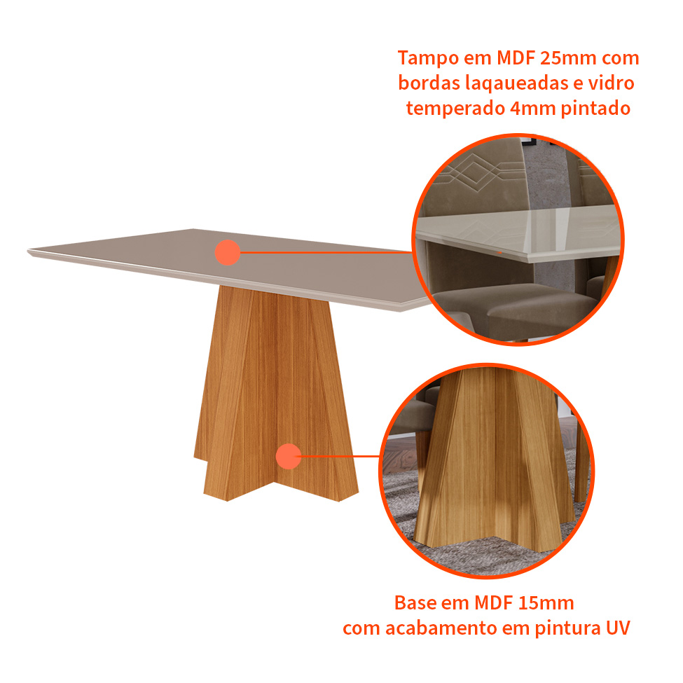 Mesa de Jantar Retangular com Tampo de Vidro Patricia Off White e Nature 160 cm