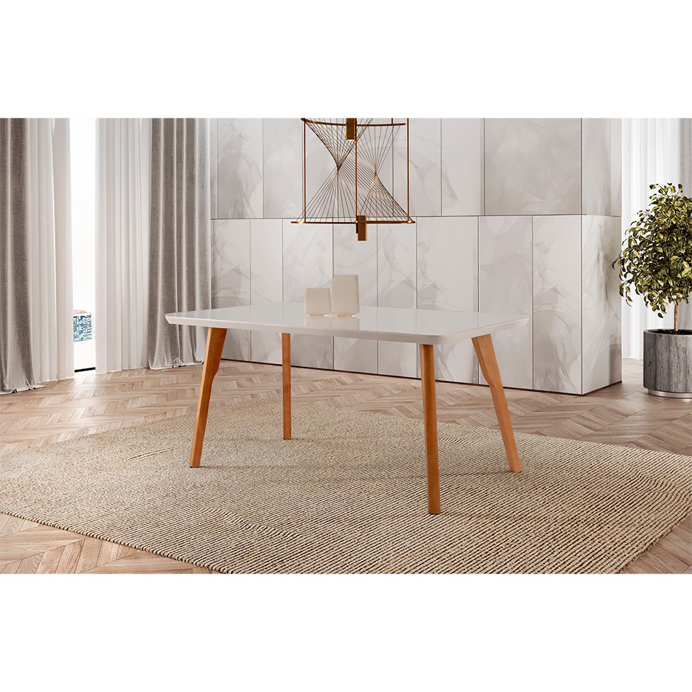 Mesa de Jantar Retangular com Tampo de Vidro Prada Off White e Imbuia 160 cm