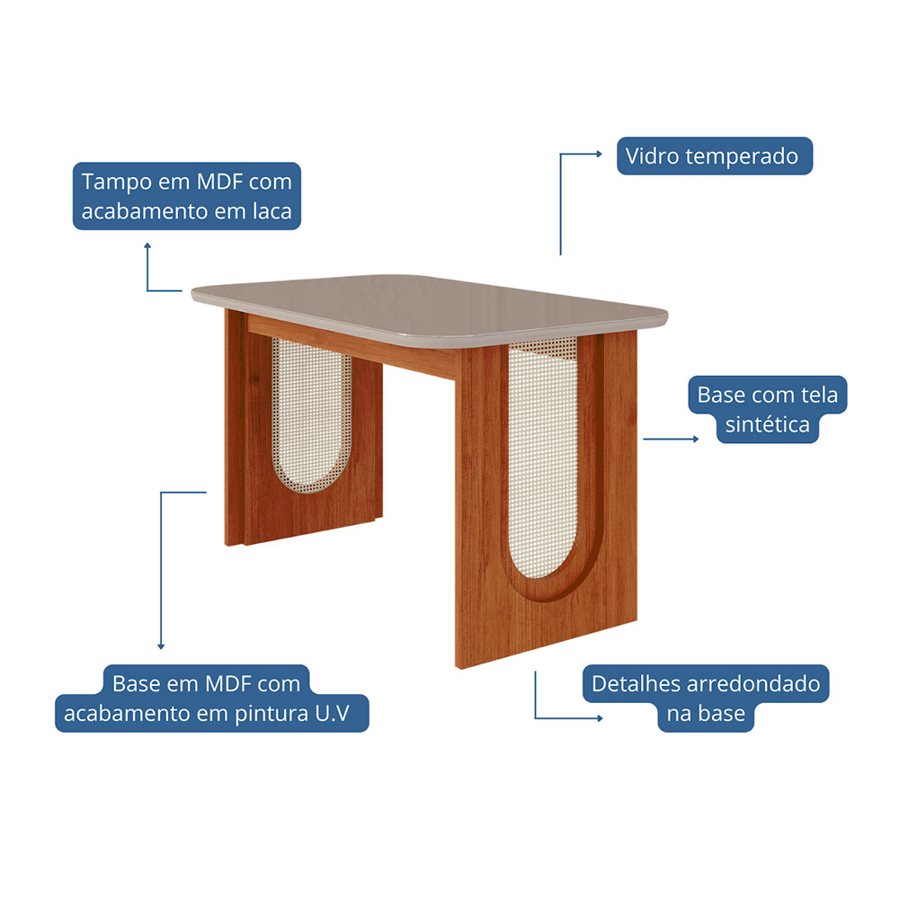 Mesa de Jantar Retangular com Tampo de Vidro Valentina Cinamomo e Off White 130 cm