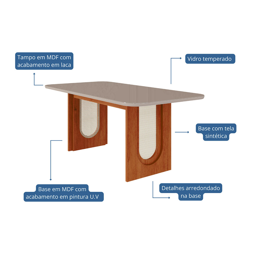 Mesa de Jantar Retangular com Tampo de Vidro Valentina Cinamomo e Off White 180 cm