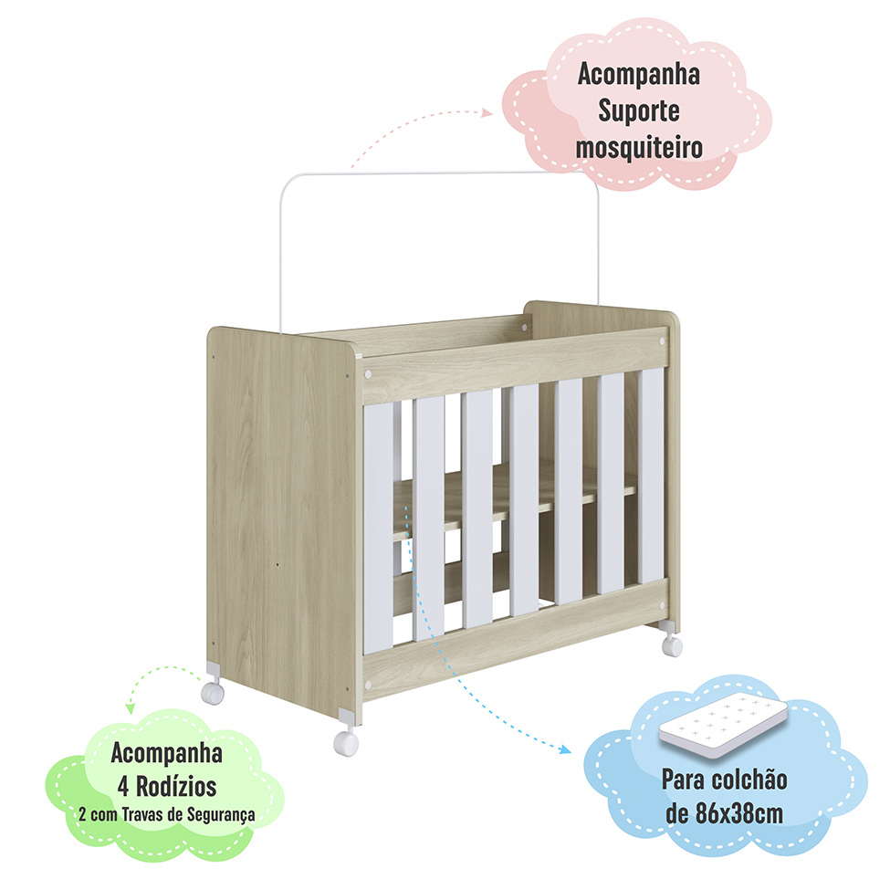 Mini Berço Multifuncional Beni Branco e Carvalho