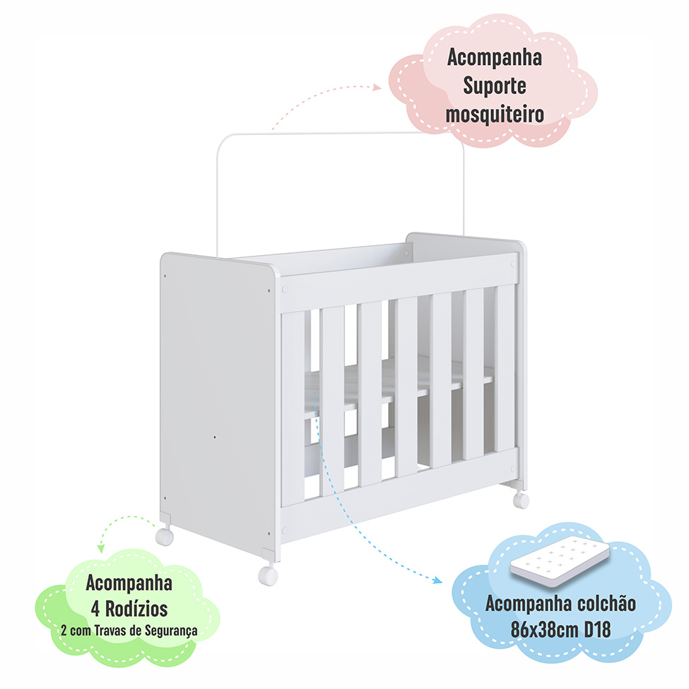 Mini Berço Multifuncional com Colchão Beni D18 Branco