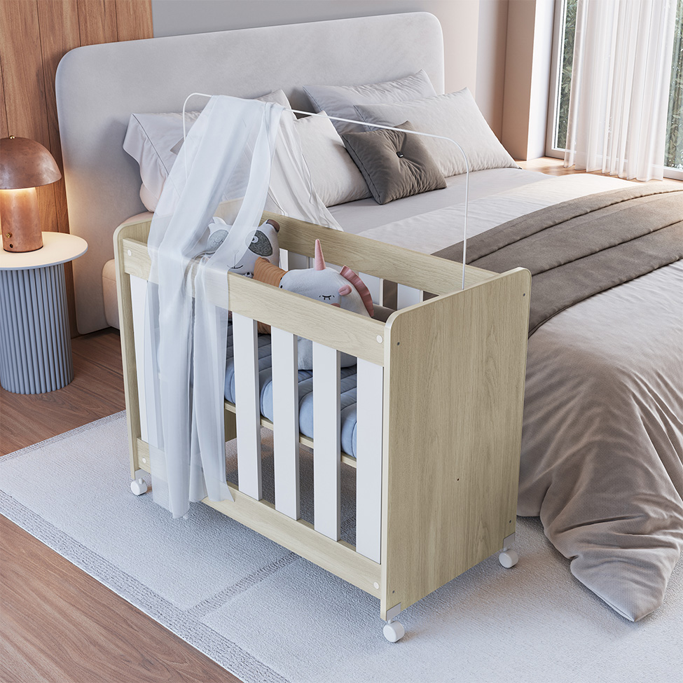 Mini Berço Multifuncional com Colchão Beni D18 Branco e Carvalho