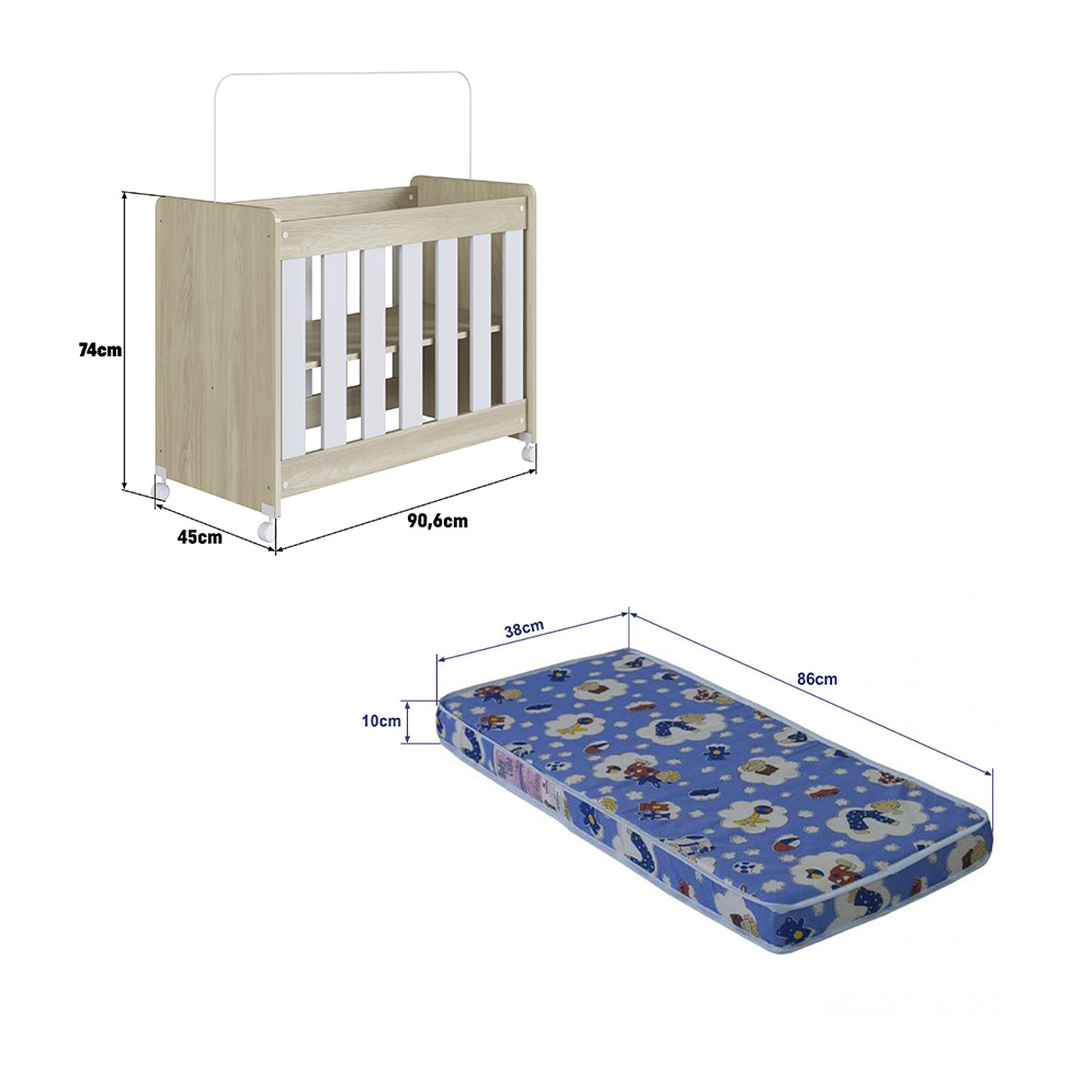 Mini Berço Multifuncional com Colchão Beni D18 Branco e Carvalho