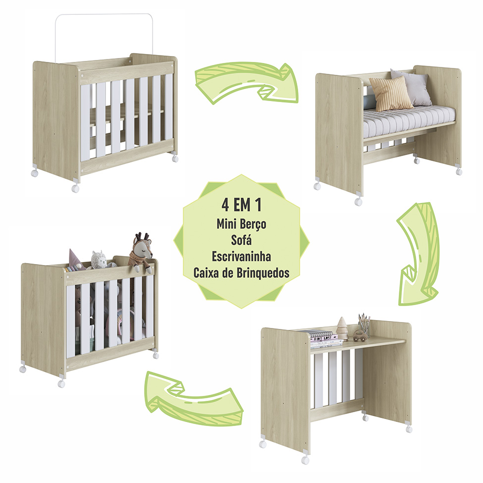 Mini Berço Multifuncional com Colchão Beni D18 Branco e Carvalho