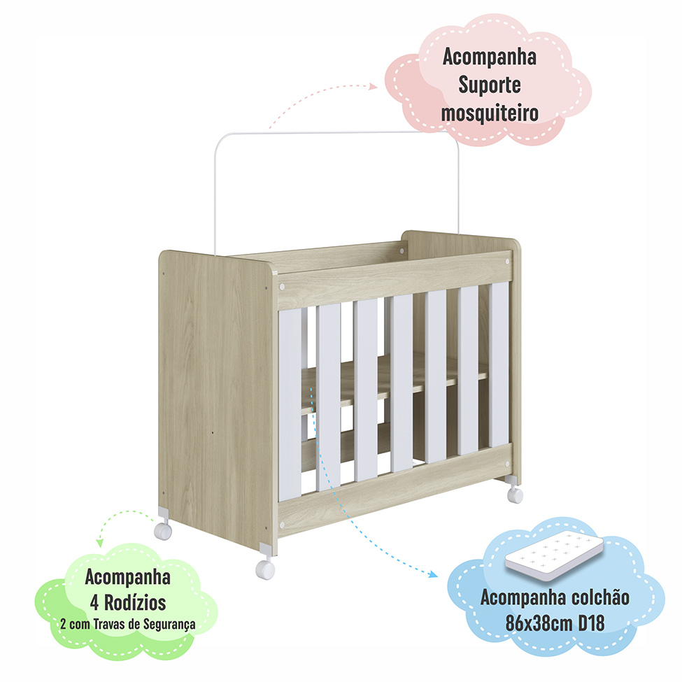 Mini Berço Multifuncional com Colchão Beni D18 Branco e Carvalho
