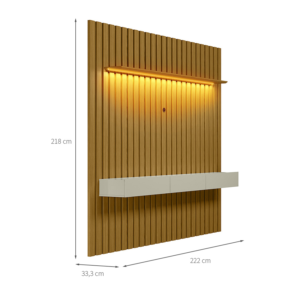Painel Ripado com Rack Suspenso até 70 Polegadas Tulum com LED 1 PT 2 GV Cedro e Off White Alt 218 Larg 222 cm