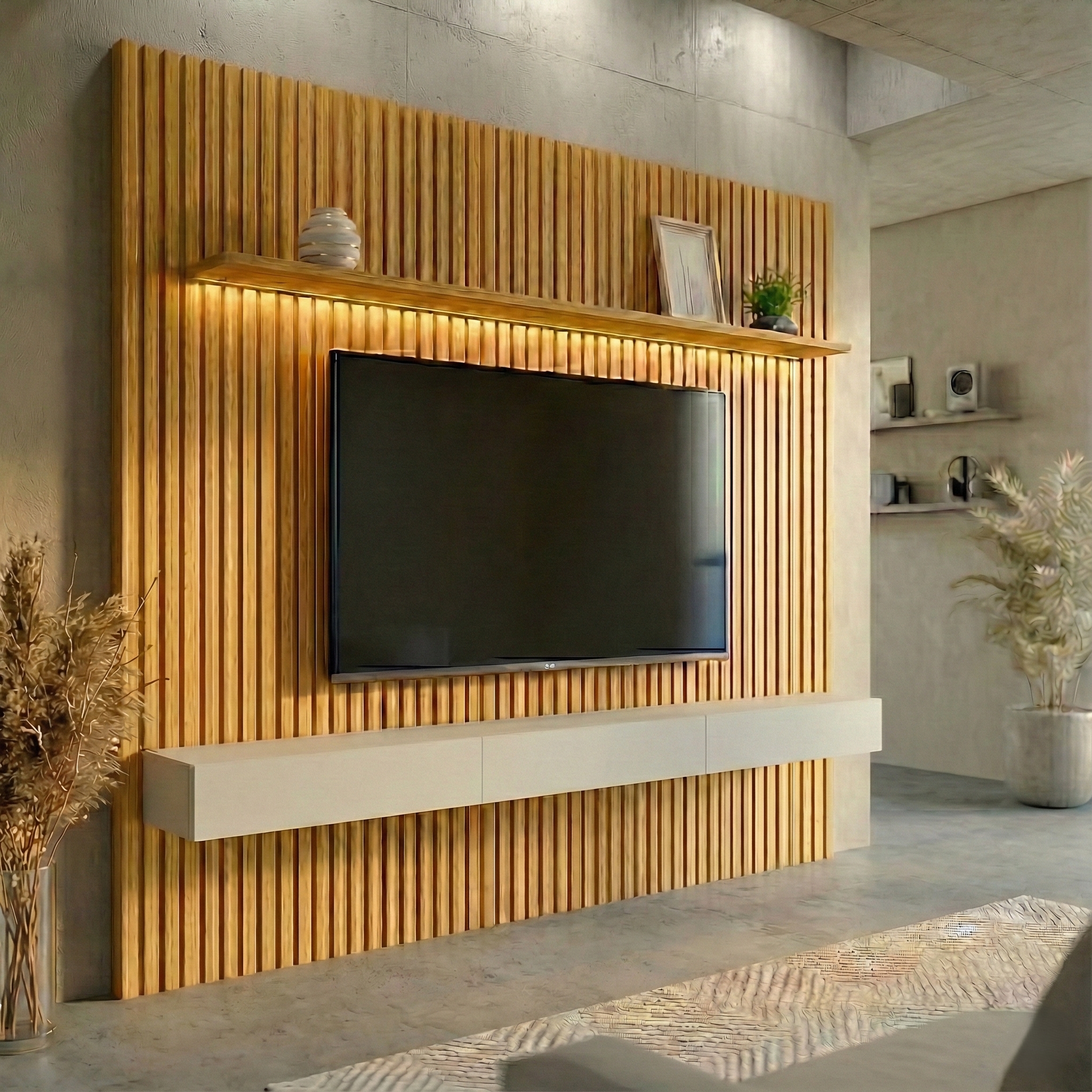 Painel Ripado com Rack Suspenso até 70 Polegadas Tulum com LED 1 PT 2 GV Cedro e Off White Alt 218 Larg 222 cm