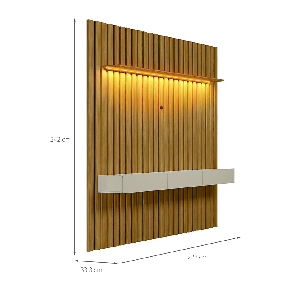 Painel Ripado com Rack Suspenso até 70 Polegadas Tulum com LED 1 PT 2 GV Cedro e Off White Alt 242 Larg 222 cm
