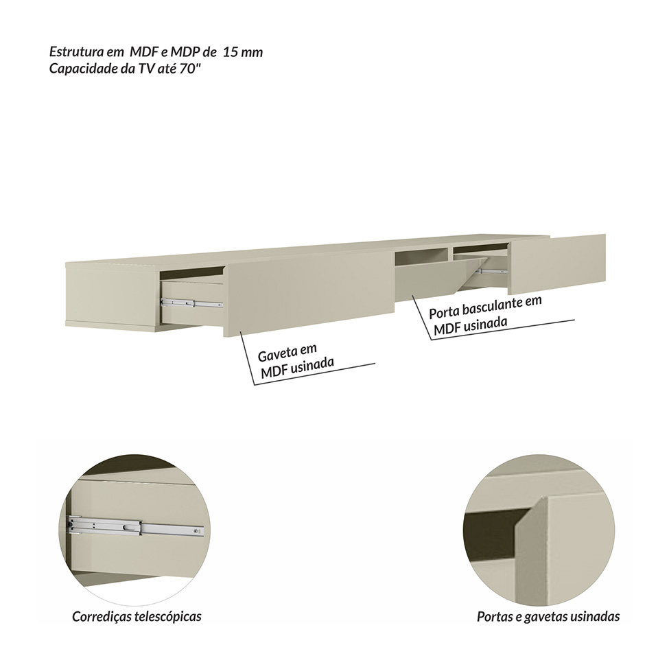 Painel Ripado com Rack Suspenso até 70 Polegadas Tulum com LED 1 PT 2 GV Off White Alt 218 Larg 222 cm