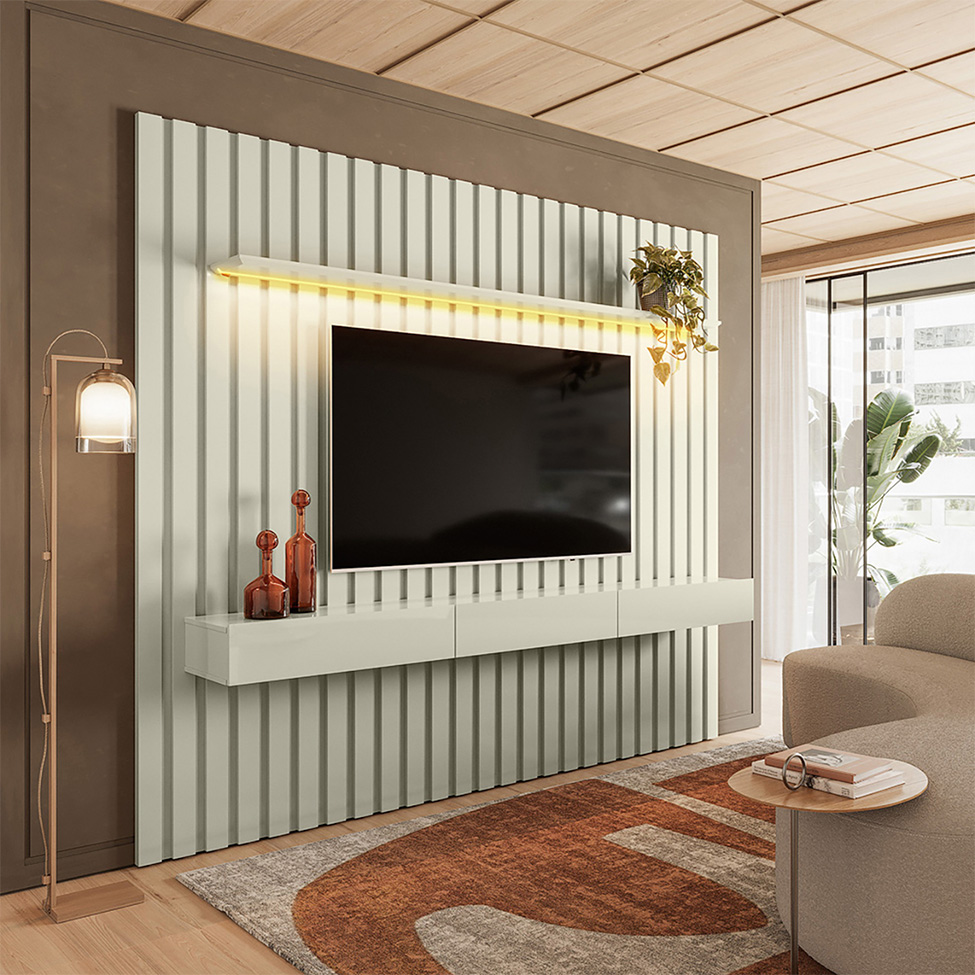 Painel Ripado com Rack Suspenso até 70 Polegadas Tulum com LED 1 PT 2 GV Off White Alt 218 Larg 222 cm