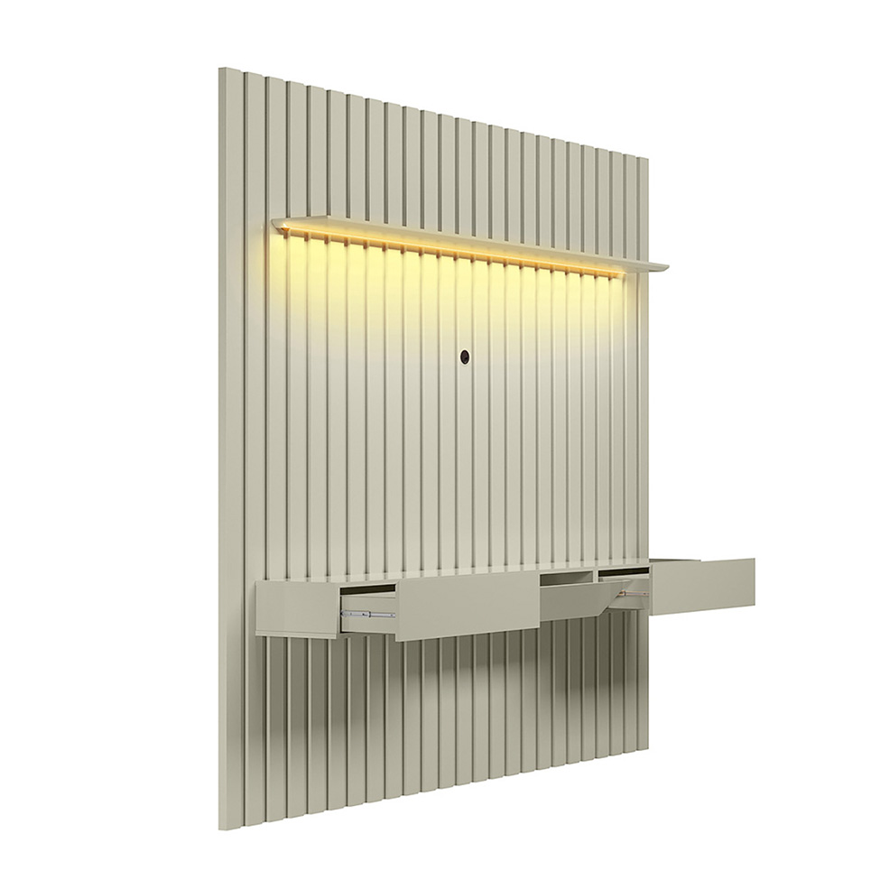 Painel Ripado com Rack Suspenso até 70 Polegadas Tulum com LED 1 PT 2 GV Off White Alt 242 Larg 222 cm