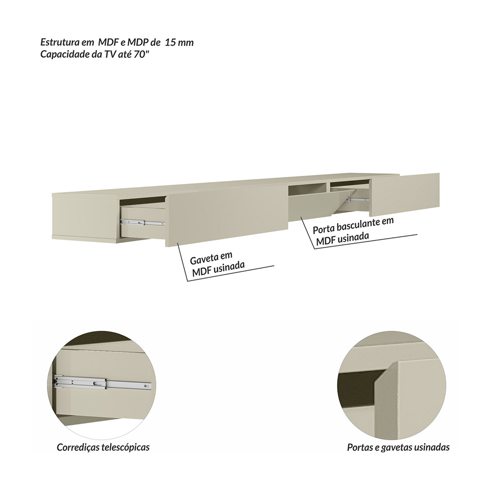 Painel Ripado com Rack Suspenso até 70 Polegadas Tulum com LED 1 PT 2 GV Off White Alt 242 Larg 222 cm