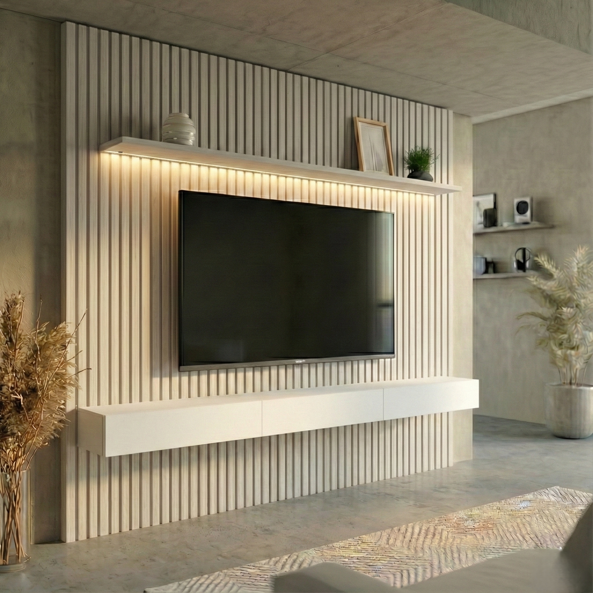 Painel Ripado com Rack Suspenso até 70 Polegadas Tulum com LED 1 PT 2 GV Off White Alt 242 Larg 222 cm