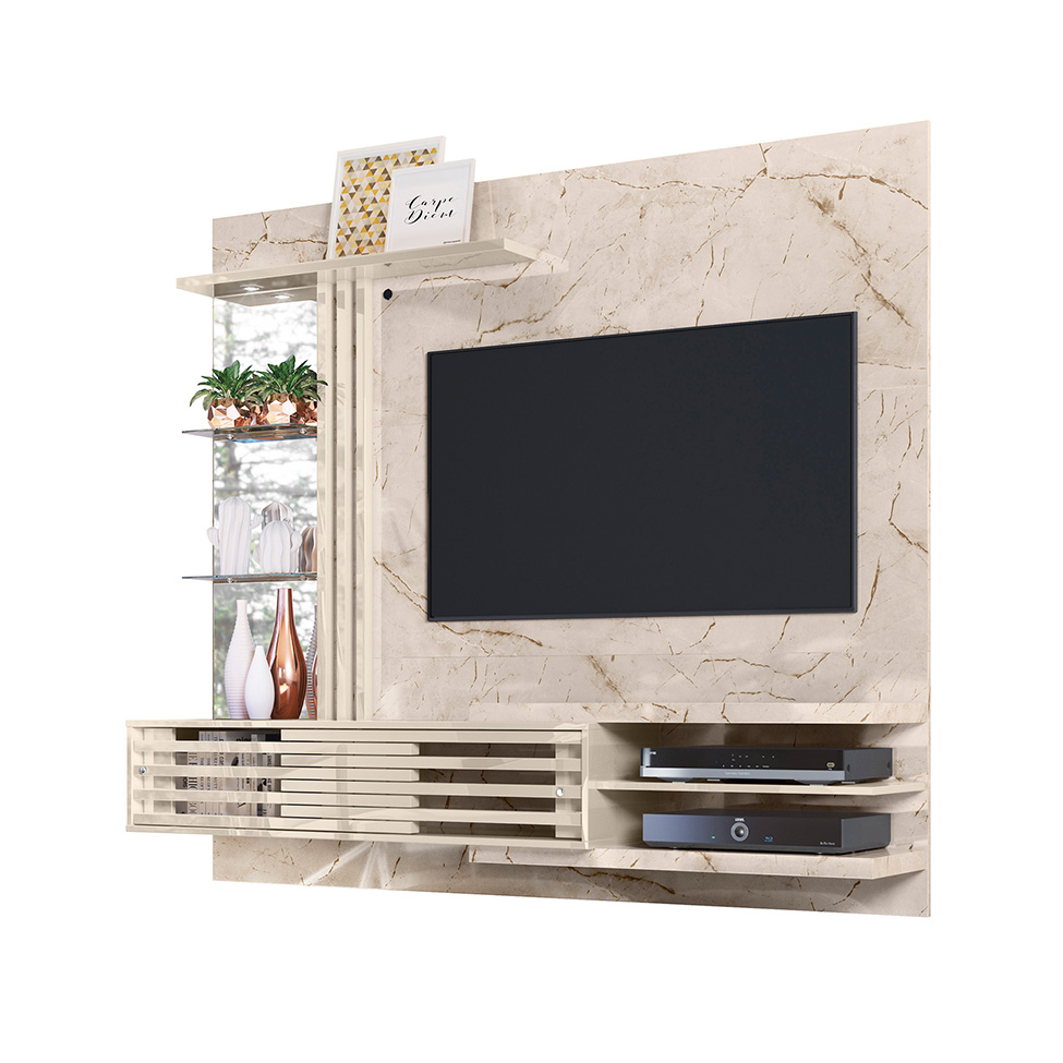 Painel com Rack Suspenso para TV até 55 Polegadas Frizz Supreme 2 Portas Off White e Calacata