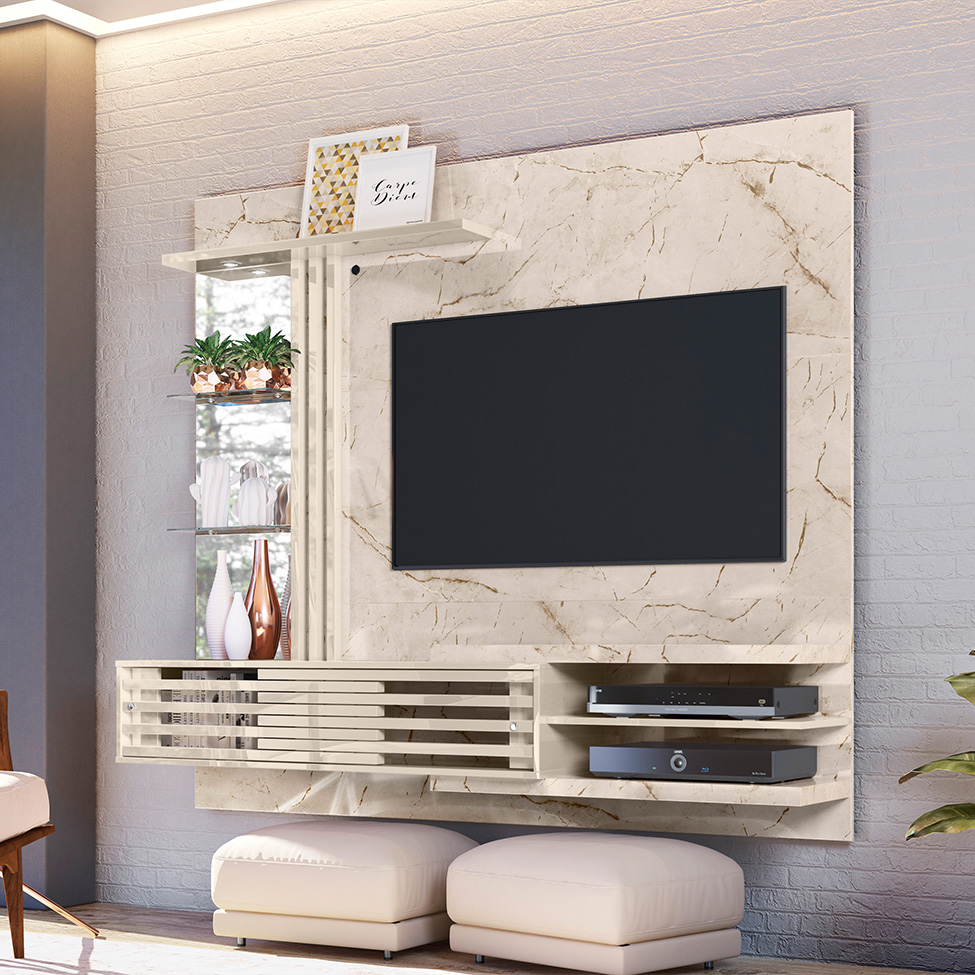 Painel com Rack Suspenso para TV até 55 Polegadas Frizz Supreme 2 Portas Off White e Calacata