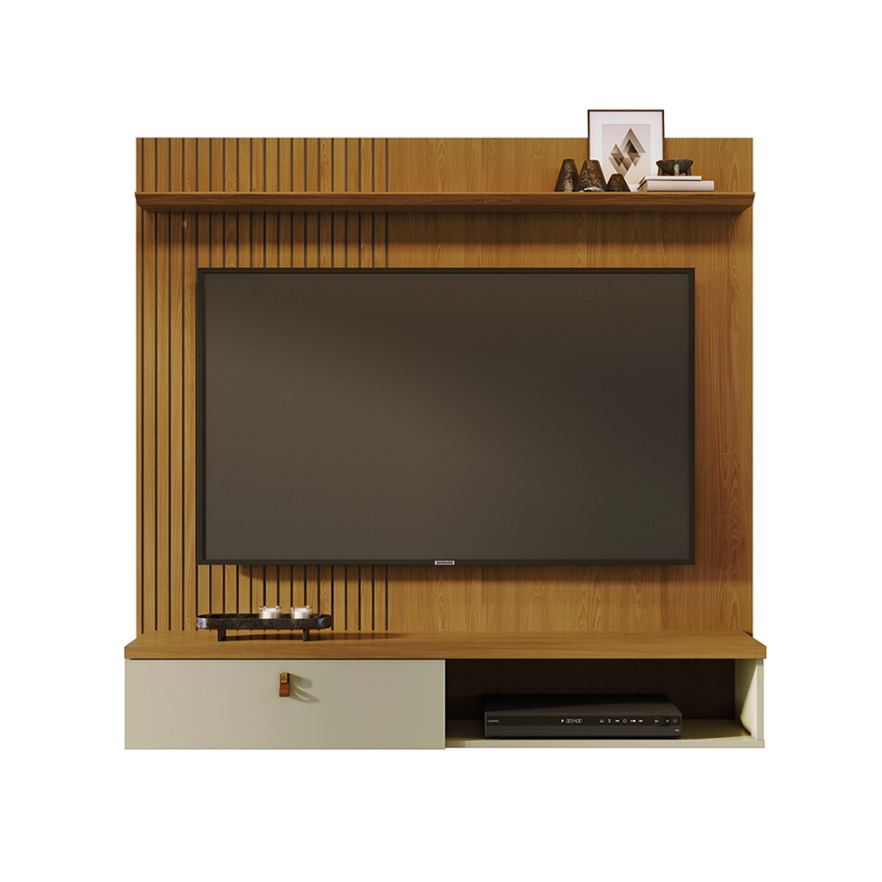 Painel com Rack Suspenso para TV até 55 Polegadas Iris 1 Porta Cumaru e Opala