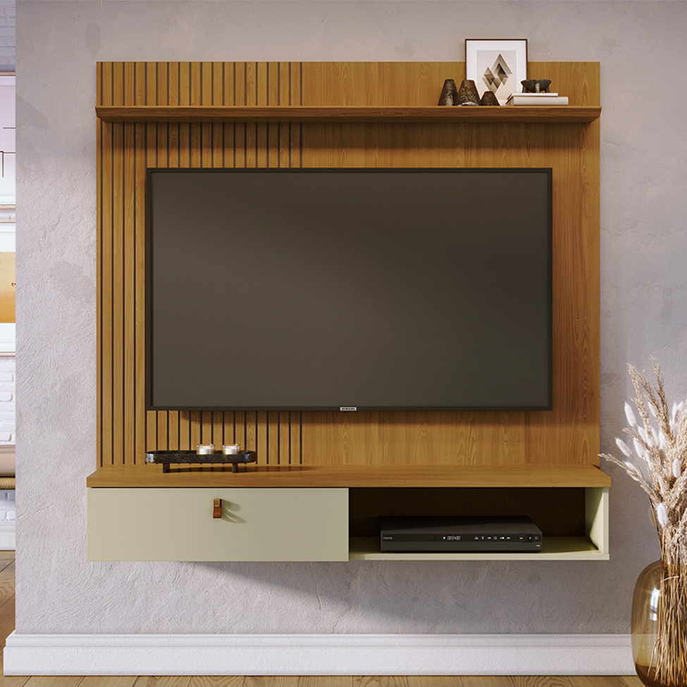 Painel com Rack Suspenso para TV até 55 Polegadas Iris 1 Porta Cumaru e Opala