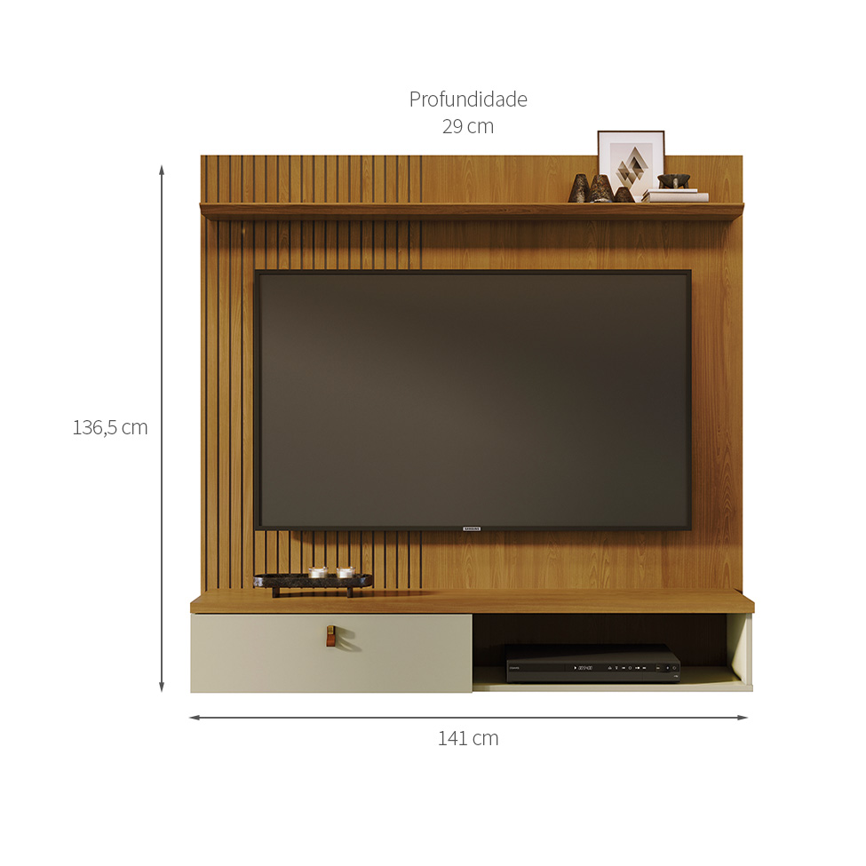 Painel com Rack Suspenso para TV até 55 Polegadas Iris 1 Porta Cumaru e Opala