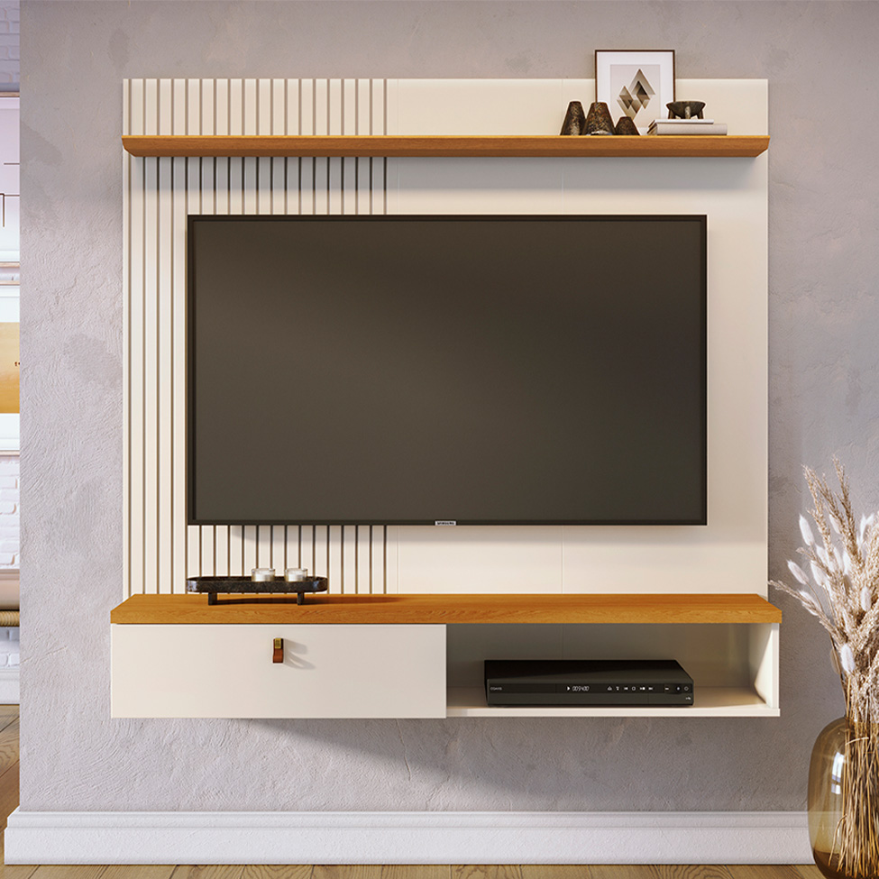 Painel com Rack Suspenso para TV até 55 Polegadas Iris 1 Porta Off White e Cinamomo