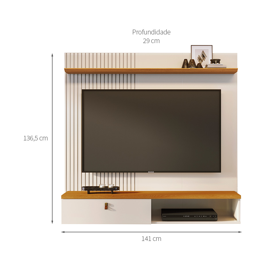 Painel com Rack Suspenso para TV até 55 Polegadas Iris 1 Porta Off White e Cinamomo