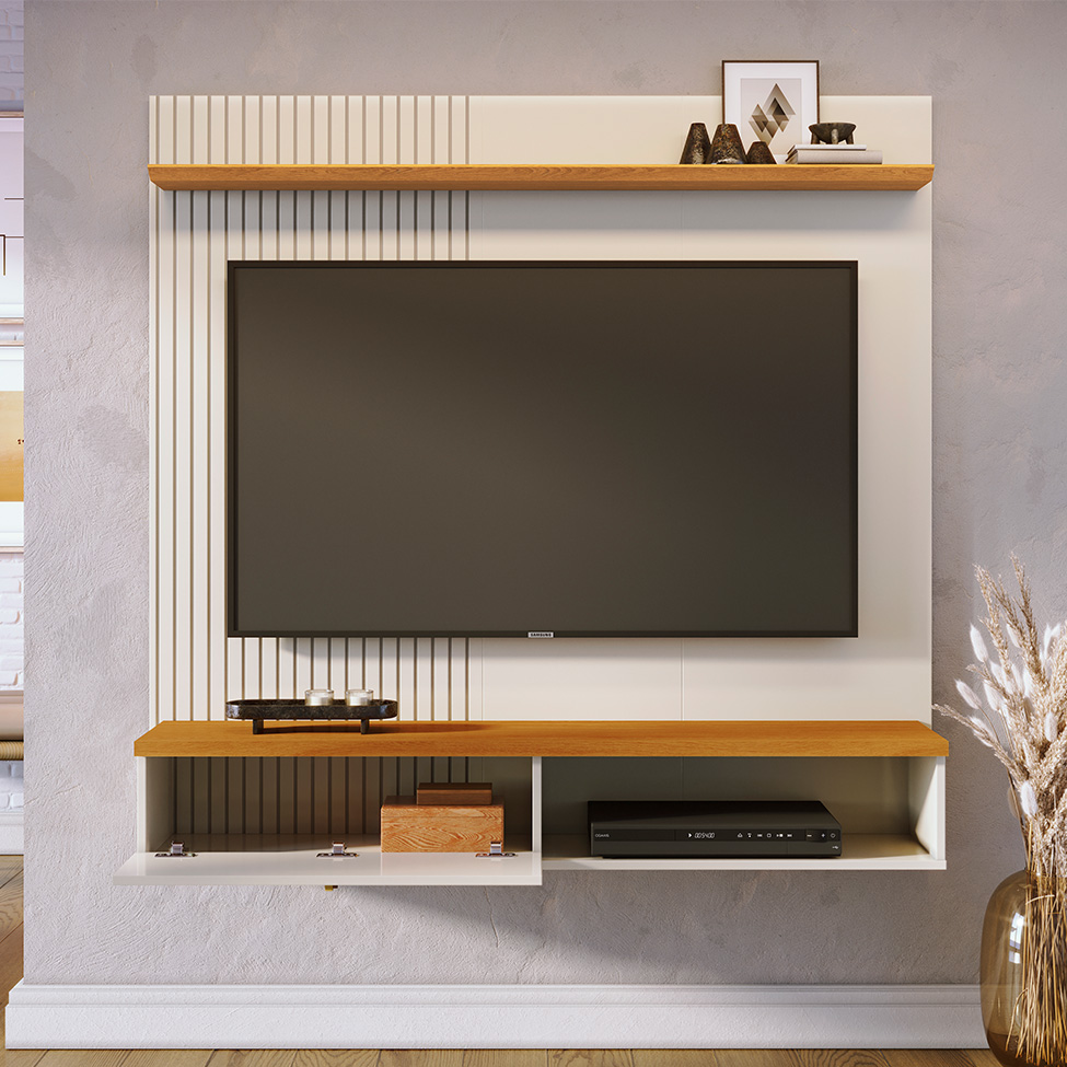 Painel com Rack Suspenso para TV até 55 Polegadas Iris 1 Porta Off White e Cinamomo