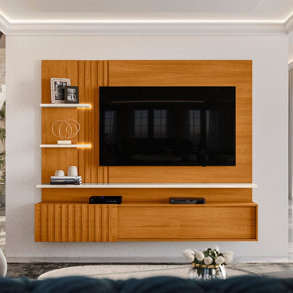 Painel com Rack Suspenso para TV até 65 Polegadas Atena 2 Portas Cinamomo e Off White
