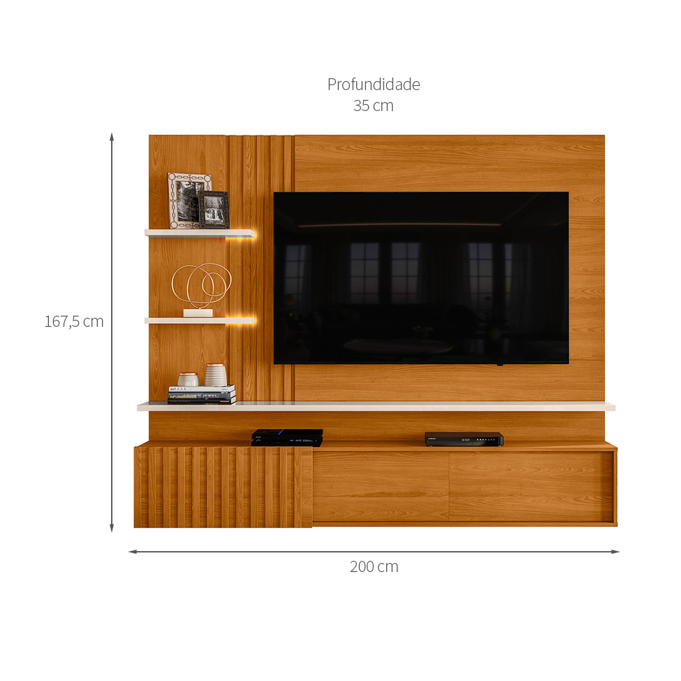 Painel com Rack Suspenso para TV até 65 Polegadas Atena 2 Portas Cinamomo e Off White