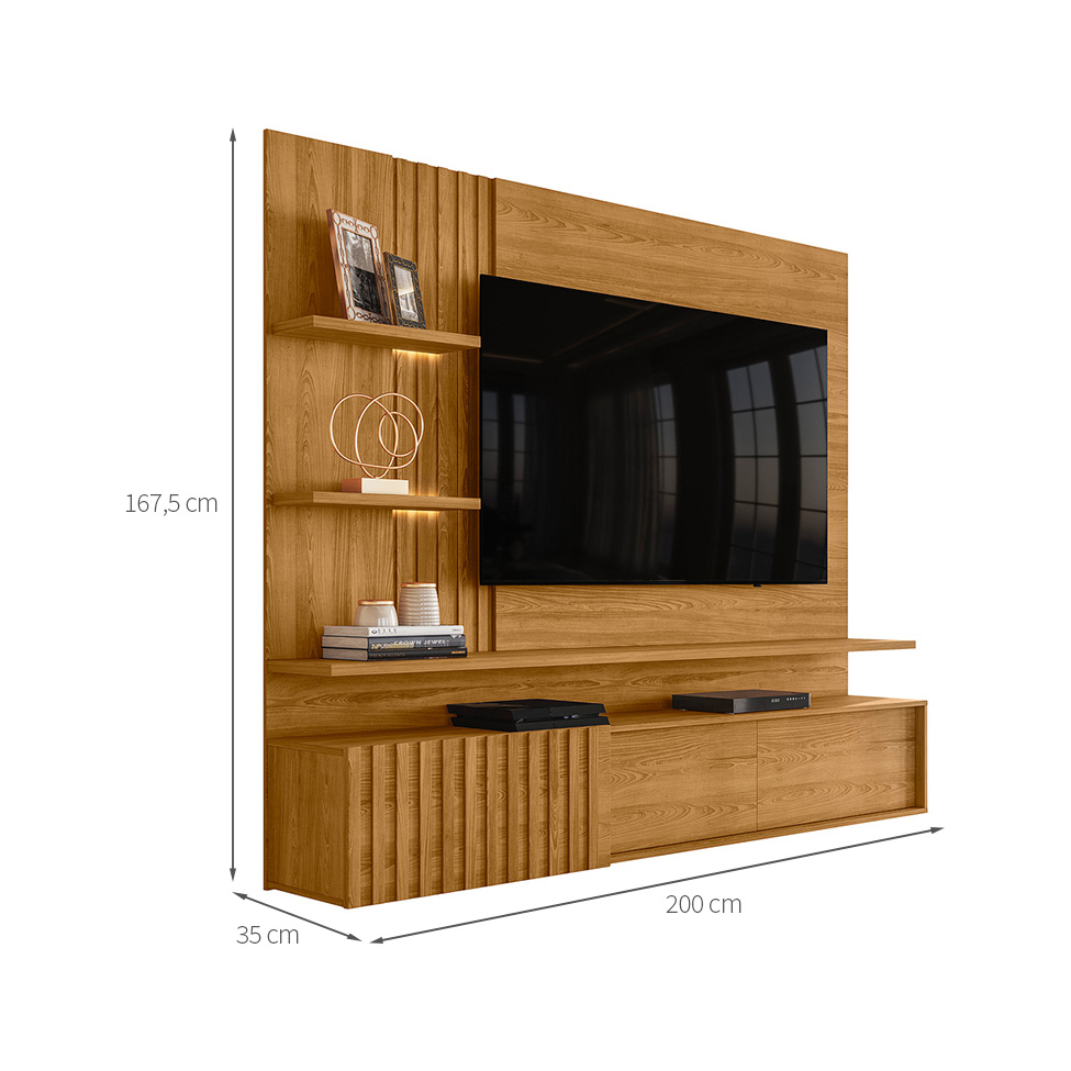 Painel com Rack Suspenso para TV até 65 Polegadas Atena 2 Portas Cumaru