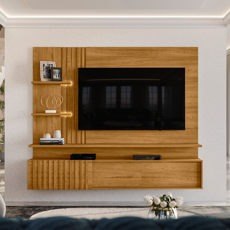 Painel com Rack Suspenso para TV até 65 Polegadas Atena 2 Portas Cumaru