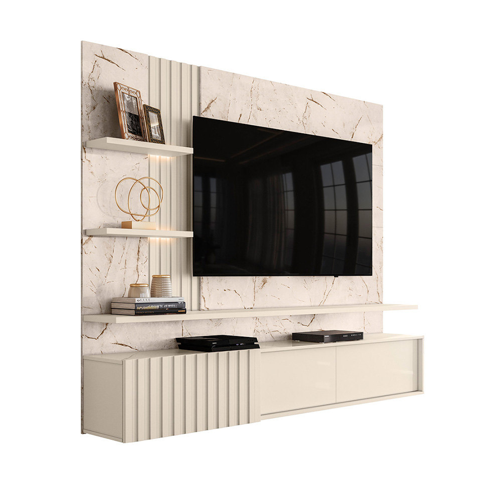 Painel com Rack Suspenso para TV até 65 Polegadas Atena 2 Portas Off White e Calacata