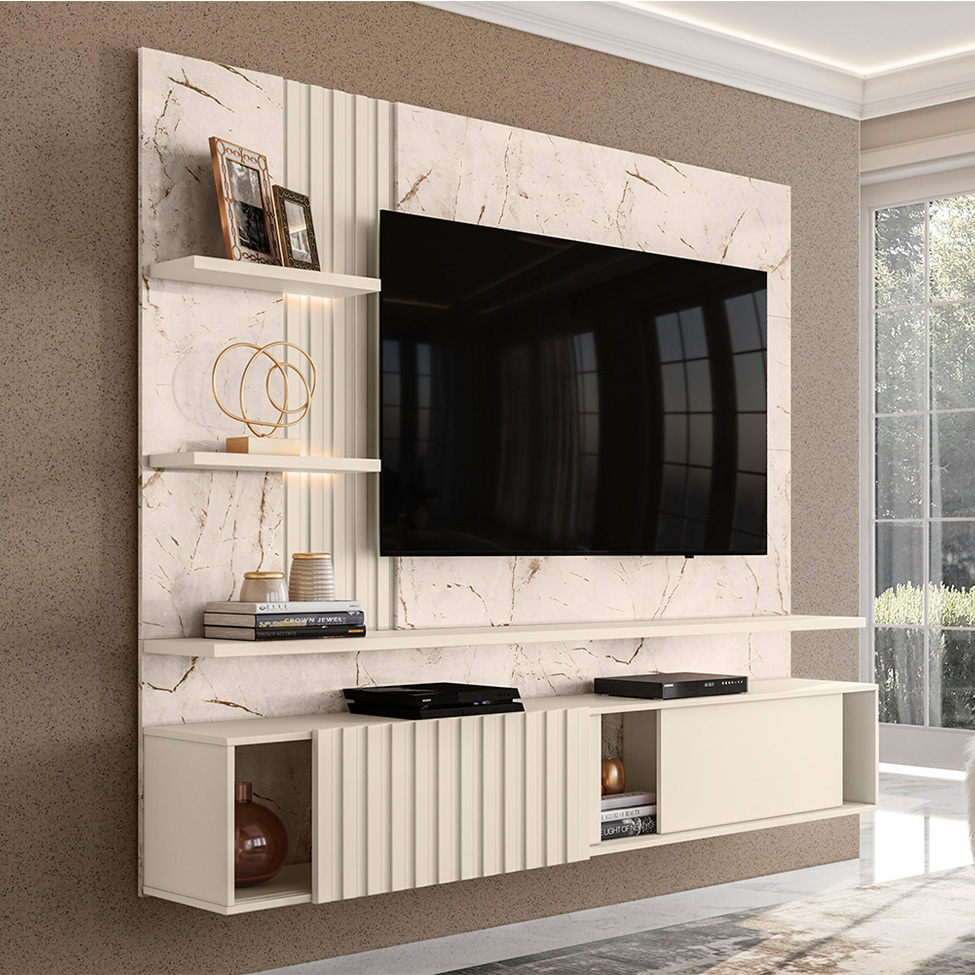 Painel com Rack Suspenso para TV até 65 Polegadas Atena 2 Portas Off White e Calacata