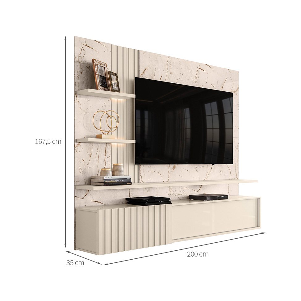Painel com Rack Suspenso para TV até 65 Polegadas Atena 2 Portas Off White e Calacata