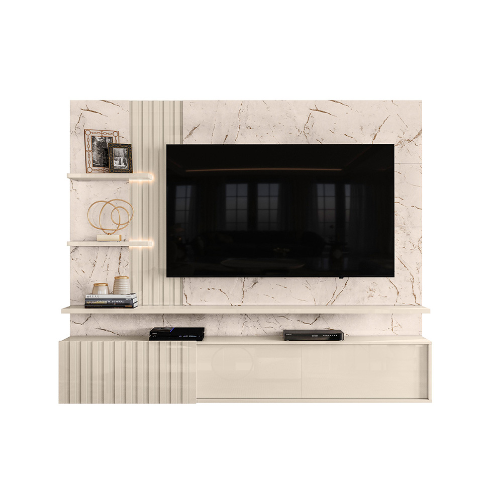 Painel com Rack Suspenso para TV até 65 Polegadas Atena 2 Portas Off White e Calacata