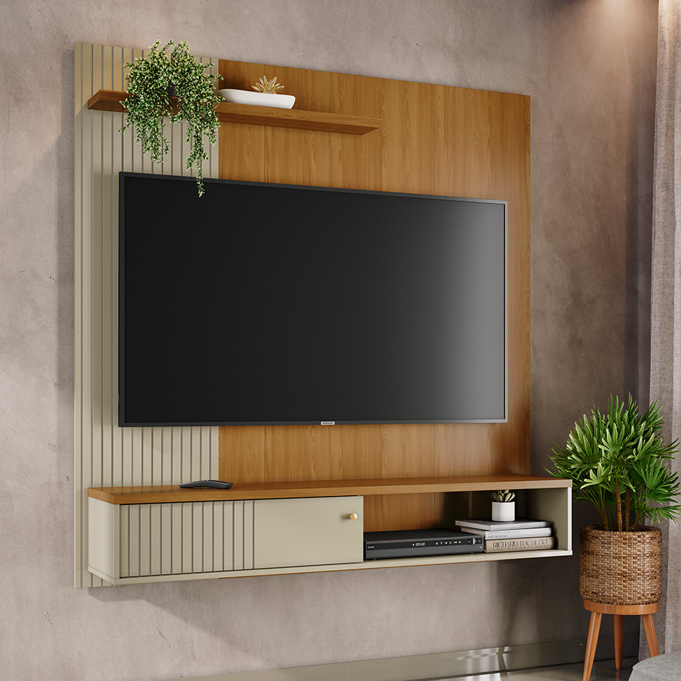 Painel com Rack Suspenso para TV até 65 Polegadas Aurora 1 Porta Cumaru e Opala