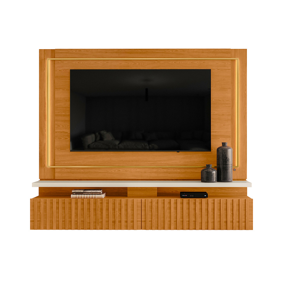 Painel com Rack Suspenso para TV até 75 Polegadas Gaia 2 Gavetas Cinamomo e Off White