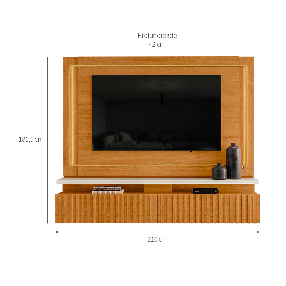 Painel com Rack Suspenso para TV até 75 Polegadas Gaia 2 Gavetas Cinamomo e Off White
