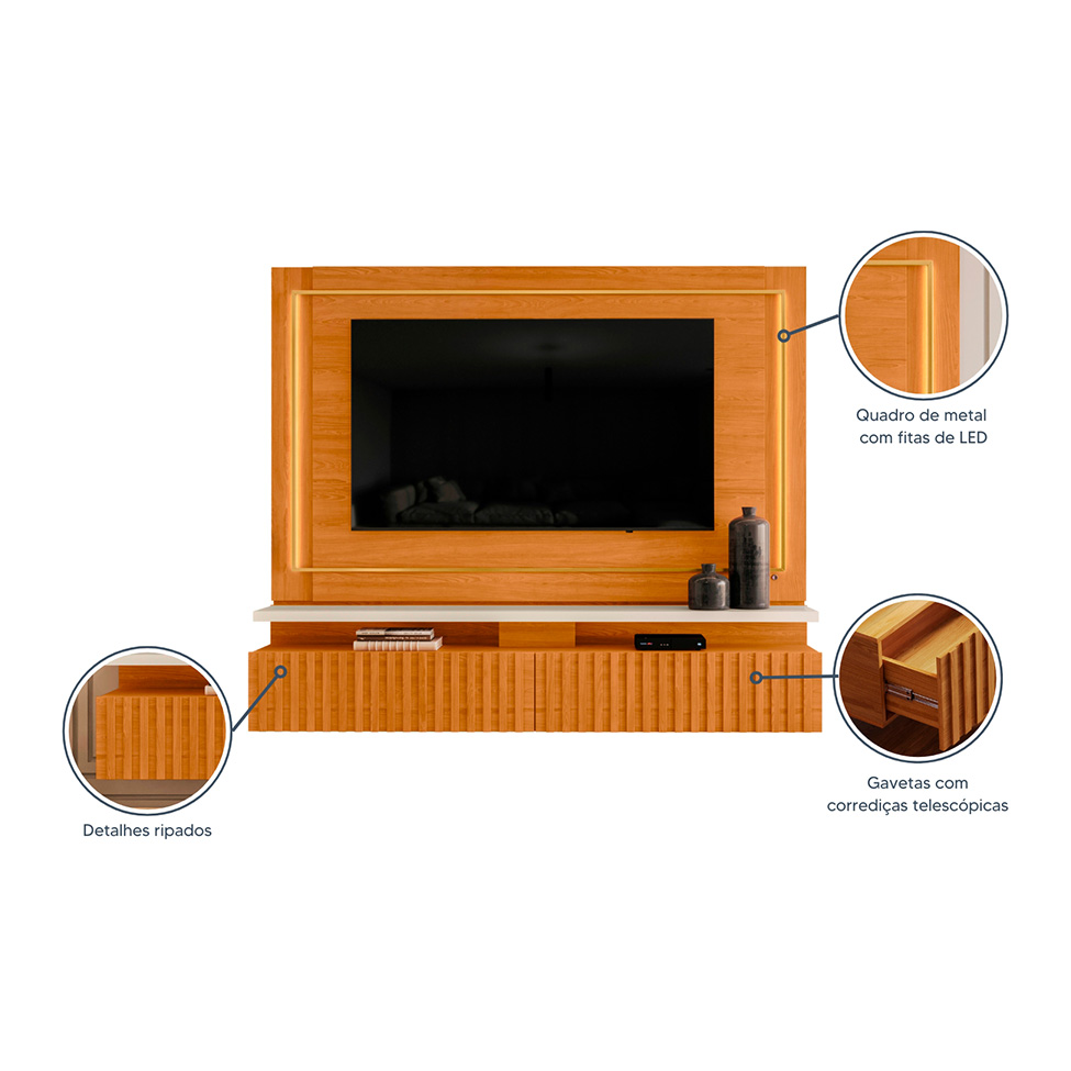Painel com Rack Suspenso para TV até 75 Polegadas Gaia 2 Gavetas Cinamomo e Off White