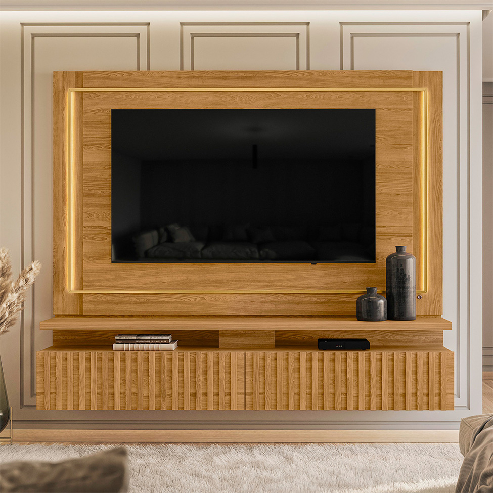 Painel com Rack Suspenso para TV até 75 Polegadas Gaia 2 Gavetas Cumaru