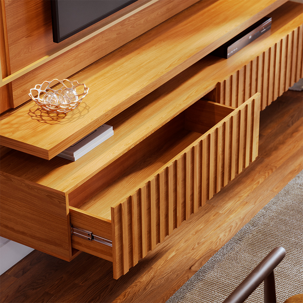 Painel com Rack Suspenso para TV até 75 Polegadas Gaia 2 Gavetas Cumaru