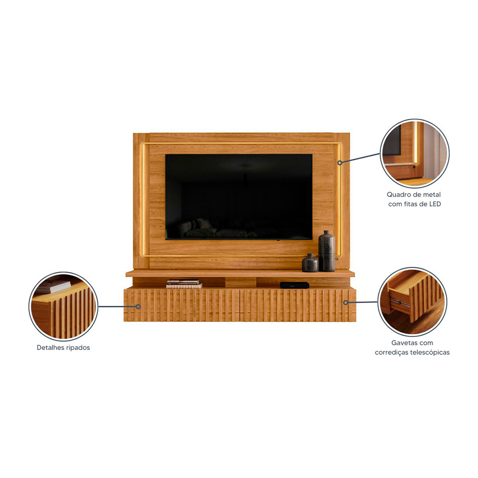 Painel com Rack Suspenso para TV até 75 Polegadas Gaia 2 Gavetas Cumaru