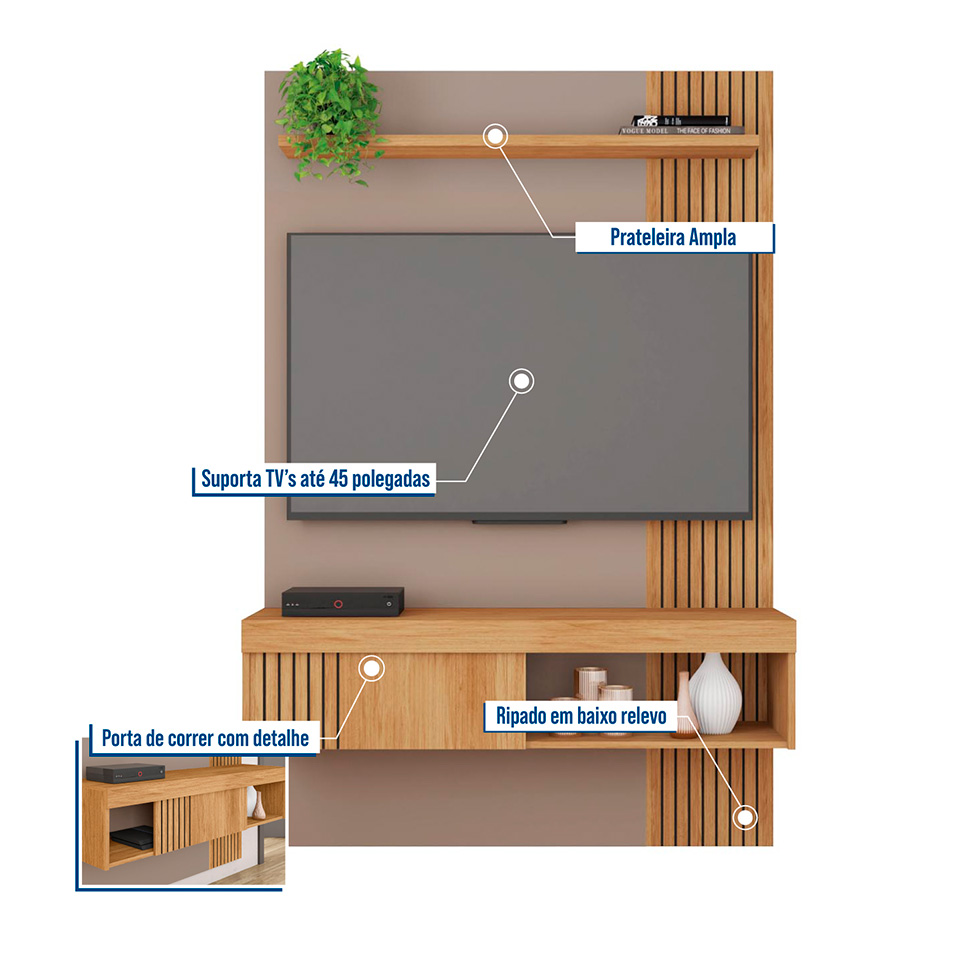 Painel para TV até 45 Polegadas Jade 1 PT Buriti e Fendi