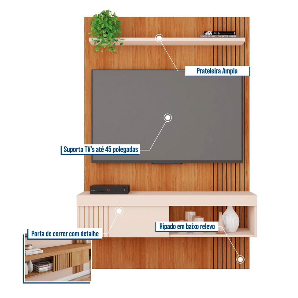 Painel para TV até 45 Polegadas Jade 1 PT Freijó e Off White