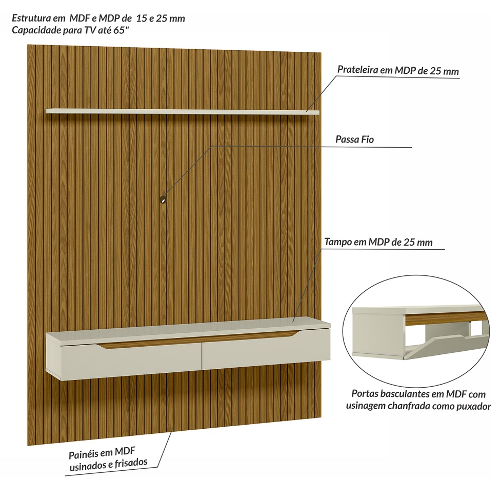 Painel para TV até 65 Polegadas Duetto 2 PT Cedro e Off White