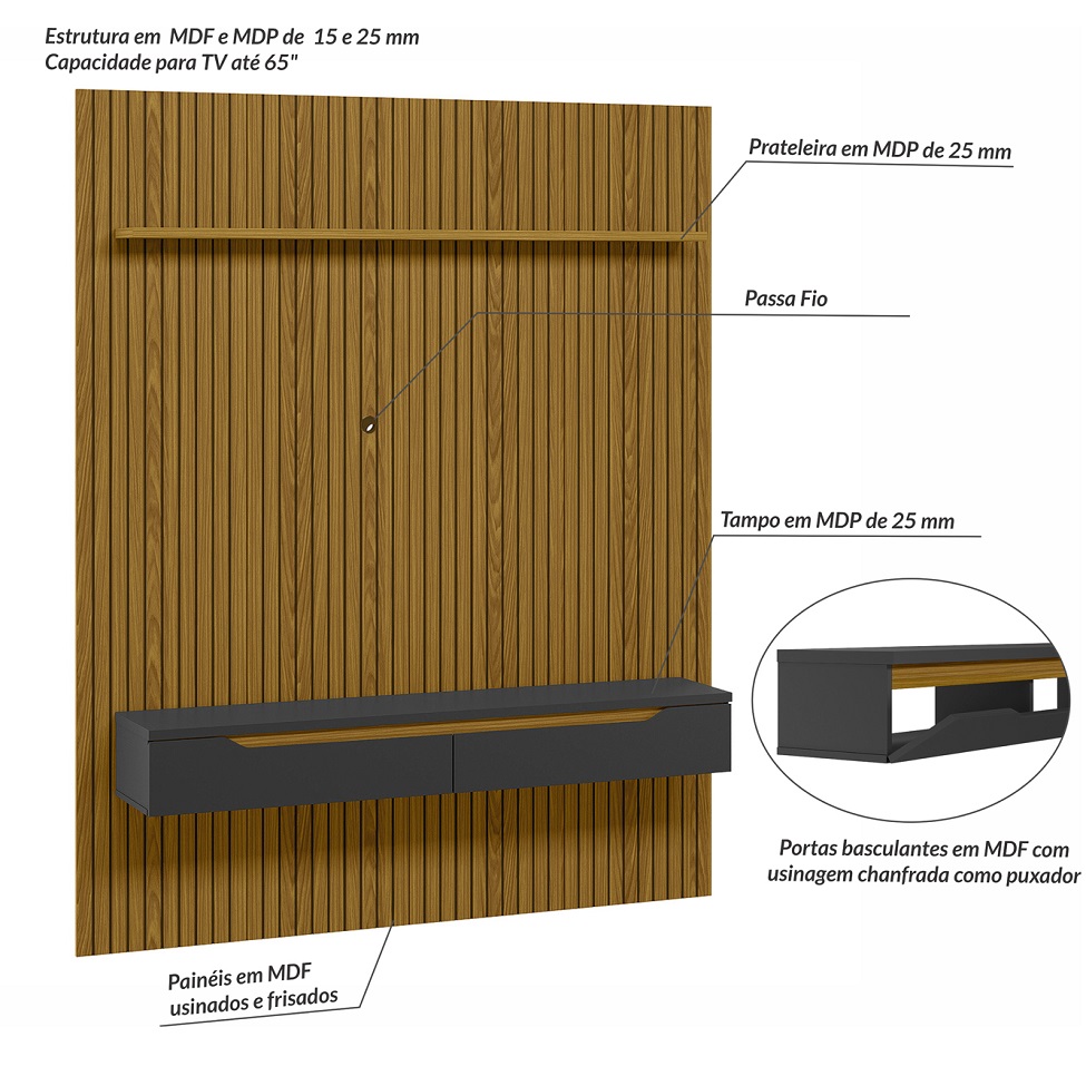Painel para TV até 65 Polegadas Duetto 2 PT Cedro e Preto