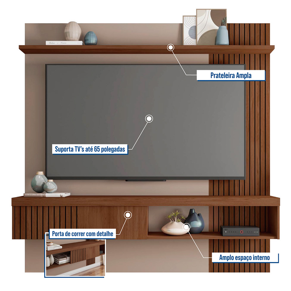 Painel para TV até 65 Polegadas Jade 1 PT Fendi e Havana 180 cm