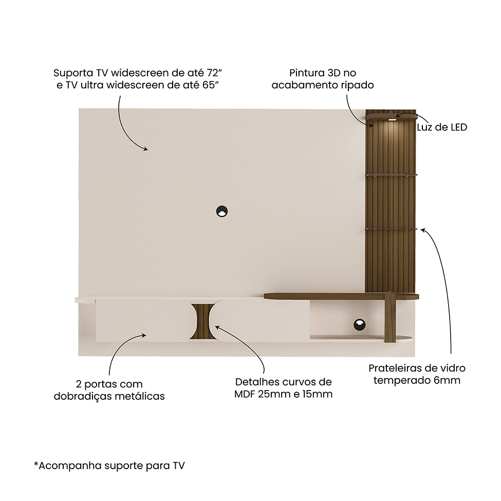 Painel para TV até 72 Polegadas Toronto Pinho e Off White