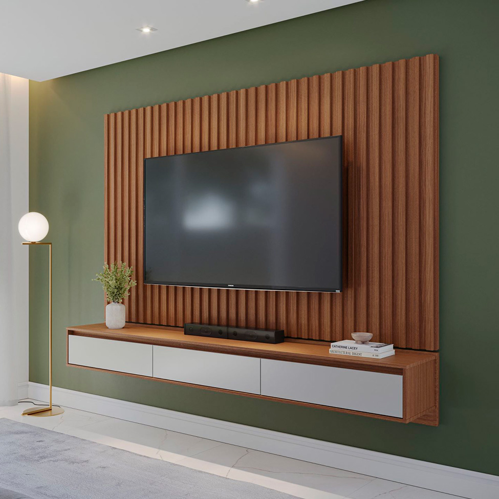 Painel para TV até 75 Polegadas Aden 3 PT Natural e Off White 182 cm