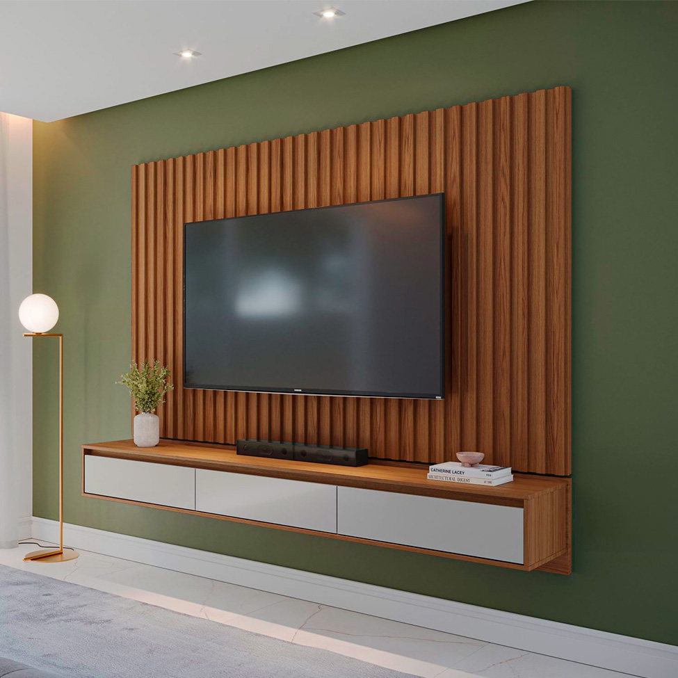 Painel para TV até 75 Polegadas Aden 3 PT Natural e Off White 217 cm
