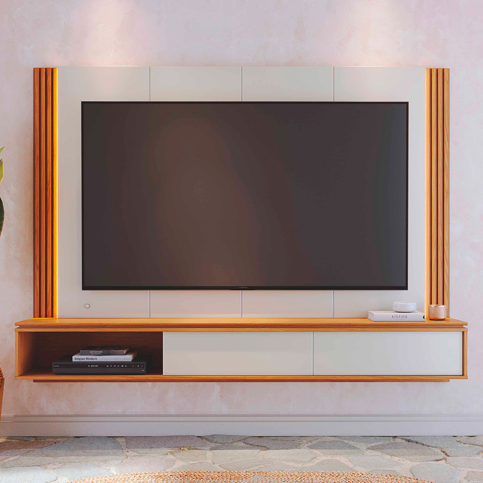 Painel para TV até 75 Polegadas Loa com LED 2 Portas Off White e Freijó